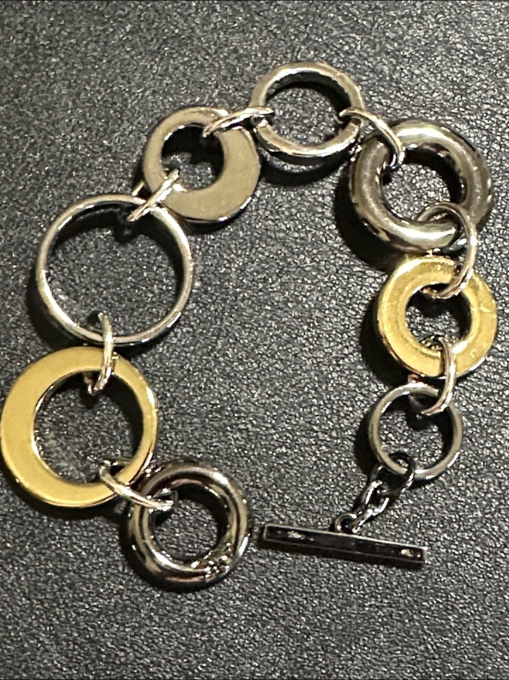 AK Signed Anne Klein Triple Tone Graduated Interlocking Disc Bracelet